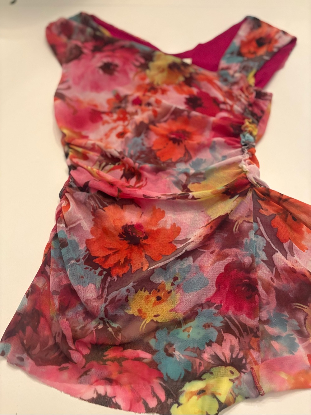 Anthropologie Weston wear vibrant floral stretch mesh asymmetrical cut Medium